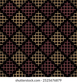 gold and maroon hand drawn squares from crisscrossed lines. black repetitive background. vector seamless pattern. geometric fabric swatch. wrapping paper. design template for textile, linen, decor