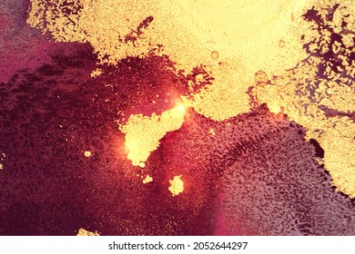 Gold, maroon and purple abstract marble background with sparkles. Vector texture in alcohol ink technique with glitter. Template for banner, poster design. Fluid art painting