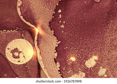 Gold and maroon shining abstract marble background. Vector texture in alcohol ink technique with glitter. Template for banner, poster design. Fluid art painting