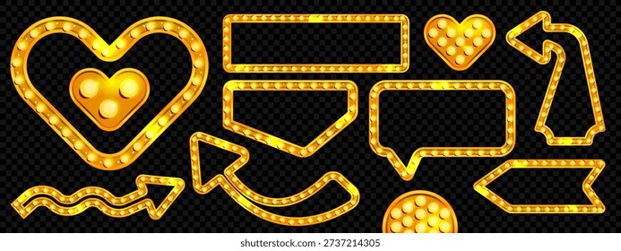 Gold marquee cinema frame. Circus light sign with arrow and heart. Neon casino signage for banner. 3d carnival border with lamp. Blank glowing rectangle badge for quiz entertainment or disco label