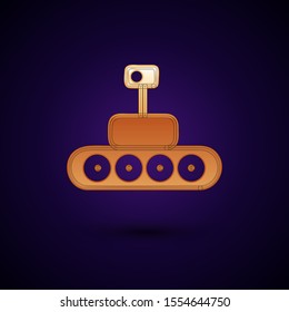 Gold Mars rover icon isolated on dark blue background. Space rover. Moonwalker sign. Apparatus for studying planets surface.  Vector Illustration