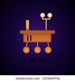 Gold Mars rover icon isolated on dark blue background. Space rover. Moonwalker sign. Apparatus for studying planets surface.  Vector Illustration