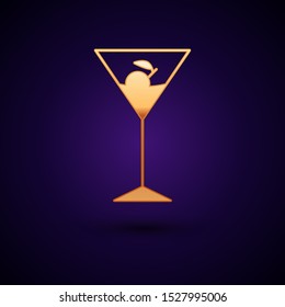 Gold Martini glass icon isolated on dark blue background. Cocktail icon. Wine glass icon.  Vector Illustration