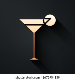Gold Martini glass icon isolated on black background. Cocktail icon. Wine glass icon. Long shadow style. Vector Illustration
