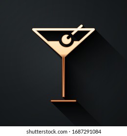 Gold Martini glass icon isolated on black background. Cocktail icon. Wine glass icon. Long shadow style. Vector Illustration