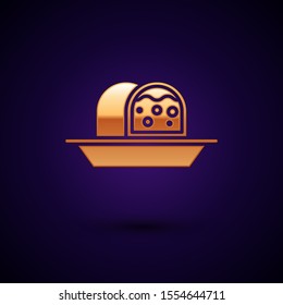Gold Marzipan sponge cake icon isolated on dark blue background. Merry Christmas and Happy New Year.  Vector Illustration