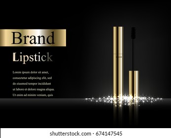 Gold mascara on dark background with bright flare and rays with reflection, vector realistic 3D, advertising, poster, banner, design, products