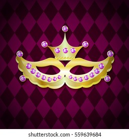 gold mask with a crown on the background of purple rhombuses EPS 10