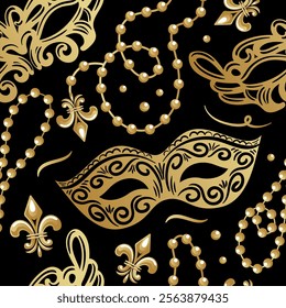 Gold masks adorned with festive beads and fleur-de-lis motifs are perfect for Mardi Gras. This seamless design in flat style is great for wallpapers, fabrics and backgrounds.