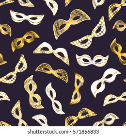 Gold masks set, seamless pattern for Mardi Gras, Carnival, masquerade design. Hand drawn decor, golden elements, isolated on background under mask. Vector illustration.