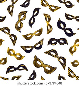 Gold masks set, seamless pattern for Mardi Gras, Carnival, masquerade design. Hand drawn decor, golden elements, isolated on background under mask. Vector illustration.