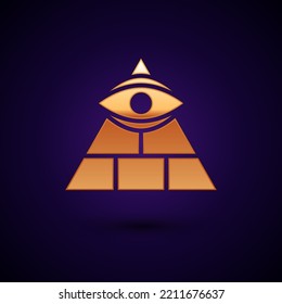 Gold Masons symbol All-seeing eye of God icon isolated on black background. The eye of Providence in the triangle.  Vector Illustration