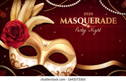 Gold masquerade mask with feather and roses for party night on burgundy red background, 3d illustration