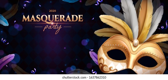 Gold masquerade mask with feathes for party night on bokeh purple background, 3d illustration