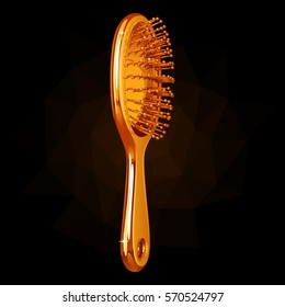 
Gold massage brush for hair on a black background with highlights and lighting.
