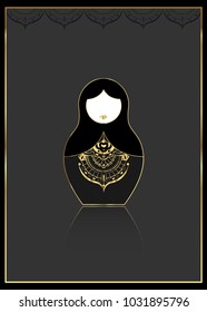 Gold Matryoshka icon Luxury Russian nesting doll with golden ornament, vector illustration, isolated or black background. Luxury Template for greeting card, invitation, bookmark and label concept