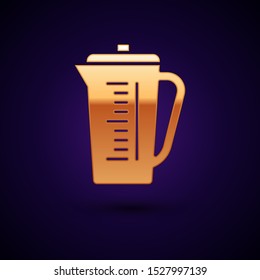 Gold Measuring cup to measure dry and liquid food icon isolated on dark blue background. Plastic graduated beaker with handle.  Vector Illustration