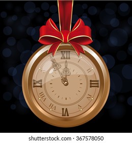 Gold mechanical watch with figured arrows on a dark blue background. Clock hanging on the red ribbon. Vector illustration.