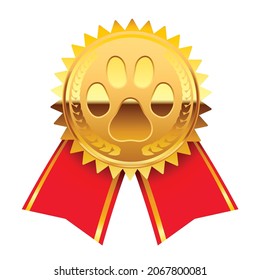 Gold Medal 1st Place Badge. Icon paw, Symbol of victory animal, medal with red ribbon isolated on white background. Vector illustration