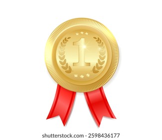 gold medal for 1st place, champion award with red satin ribbon