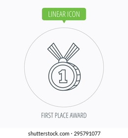 Gold medal award icon. First place sign. Winner symbol. Linear outline circle button. Vector