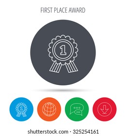 Gold medal award icon. First place sign. Winner symbol. Globe, download and speech bubble buttons. Winner award symbol. Vector