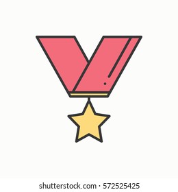 Gold medal award with ribbon. Winner line icon. First place leadership champion achievement. 1st place. Vector isolated illustration. Linear flat design. Success symbols. Object. Sign. Star