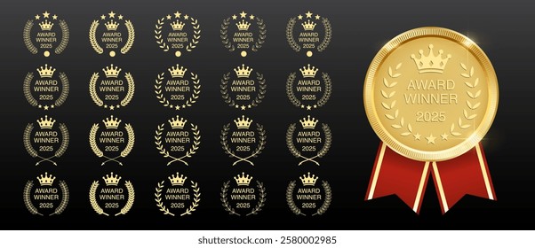 Gold Medal Award Set: First Place Trophy and Ribbon Template with Laurel Wreath - Metal Reward Badges and Certificates for Winners - Vector Illustration.