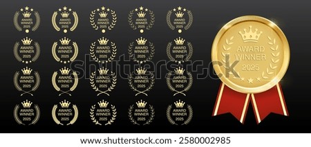 Gold Medal Award Set: First Place Trophy and Ribbon Template with Laurel Wreath - Metal Reward Badges and Certificates for Winners - Vector Illustration.