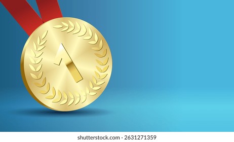 Gold medal awards copy space background for tournament winner. Vector golden medal with red ribbons isolated on blue background. The first place on sport tournament, victory concept prize