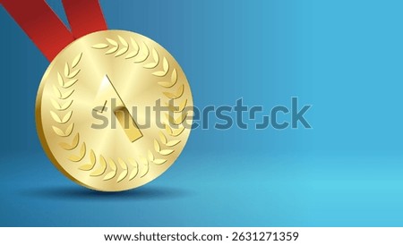 Gold medal awards copy space background for tournament winner. Vector golden medal with red ribbons isolated on blue background. The first place on sport tournament, victory concept prize