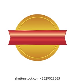 Insignia de medalla de oro con un Anuncio de cinta roja en el centro. Ideal para su uso en certificados, premios, marcas y diseños promocionales. Adecuado para agregar texto o personalizar para varios logros.