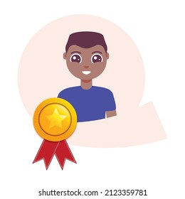 Gold medal for best employee of the month with man portrait and a ribbon. Star performer medallion for top achievements. Cartoon vector illustration.