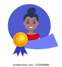 Gold Medal For Best Employee Of The Month With Woman On Portrait And Ribbon. Star Performer Medallion For Top Achievements. Cartoon Vector Illustration.