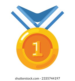 Gold medal with blue ribbon. first prize or award in sports. vector illustration