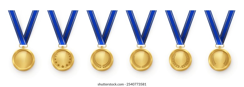 Medalla de oro con cinta azul primer lugar conjunto de Ilustración vectorial. Diferentes medallas de oro aisladas realistas con cinta azul para la ceremonia de ganadores y campeones.