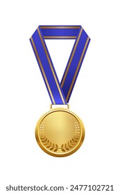 Gold medal with blue ribbon and laurel wreath vector illustration. Realistic isolated trophy medal with metal reward badge for winners and champions.