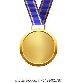 Gold medal with blue ribbon and laurel wreath vector illustration. Realistic isolated trophy medal with metal reward badge for winners and champions.