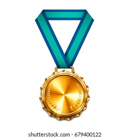 Gold medal with blue ribbon. Metallic winner award. Vector illustration.