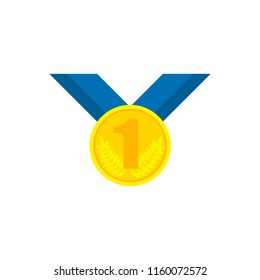 Gold medal with blue ribbon and number one. Sport game champion award. Idea of victory and success. Isolated flat vector illustration