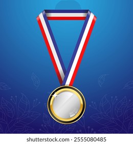 Gold medal with blue white and red ribbon trophy medal with metal reward badge for winners and champions blue background vector