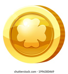 Gold Medal Coin Clover Leaf Symbol. Goldenes Token für Spiele, User Interface Asset Element. Vektorgrafik