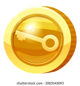 Gold Medal Coin Key symbol. Golden token for games, user interface asset element. Vector illustration