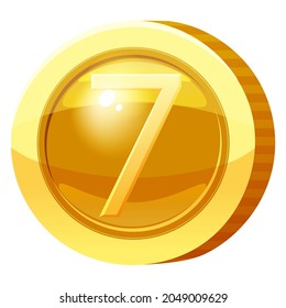 Gold Medal Coin Number 7 symbol. Golden token for games, user interface asset element. Vector illustration
