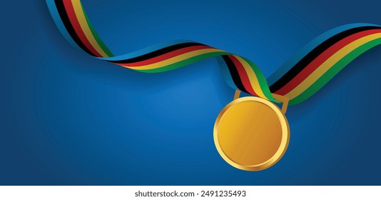 Medalla de oro con cinta colorida para eventos deportivos medalla ganadora póster de Vector