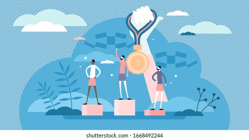 Gold medal competition award concept, flat tiny person vector illustration. Winner athlete standing on the pedestal at the event ceremony. Championship leaders celebrating victory. Honor and strength.