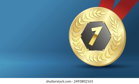 Gold medal, copy space background for sports award games. Vector illustration for 1st place winner in a championship or tournament