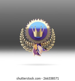 gold medal with a crown and blue ribbons and a laurel wreath 
