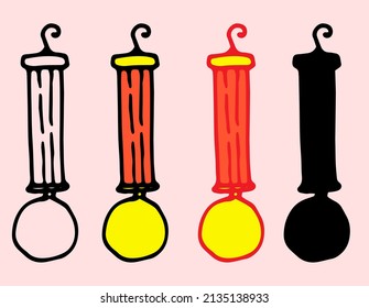 a gold medal decorated with a red ribbon. a set of a hand-drawn golden round medal icon at the bottom on a long strip of red ribbon for victory, a black outline and a silhouette for a design template.