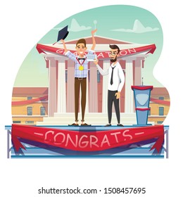 Gold Medal and Degree Certificate Receiving. Professor Giving Diploma Man with Graduate Cap. Teacher Congratulating Scholar. Student Character Happily Celebrate Education Finish. Vector Illustration